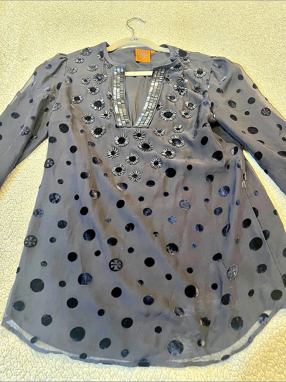 Tory Burch Angela Silk Velvet Dot Beaded Tunic Blouse Black